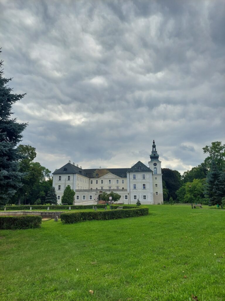 Kolorowe zdjęcie. Pałac w Zaborze na tle parku.